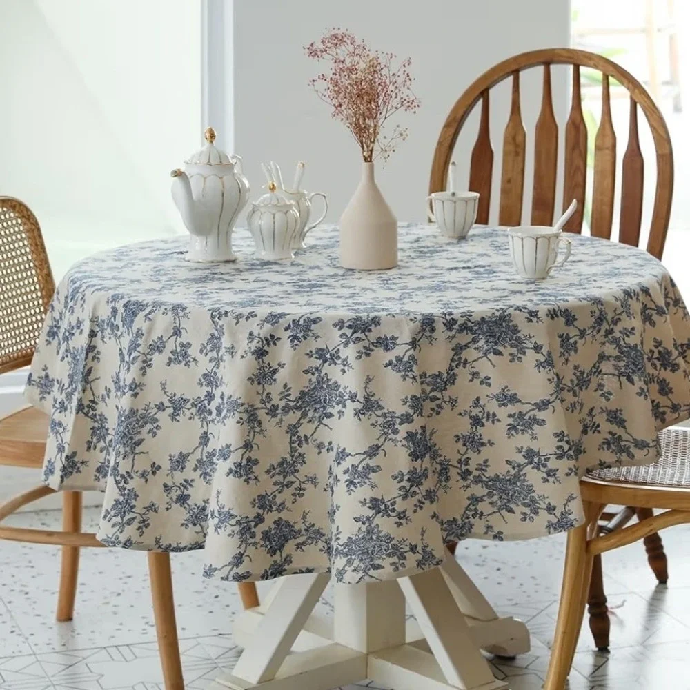 Blue Floral Toile Round Tablecloth Linen Blend French Country Farmhouse Decor